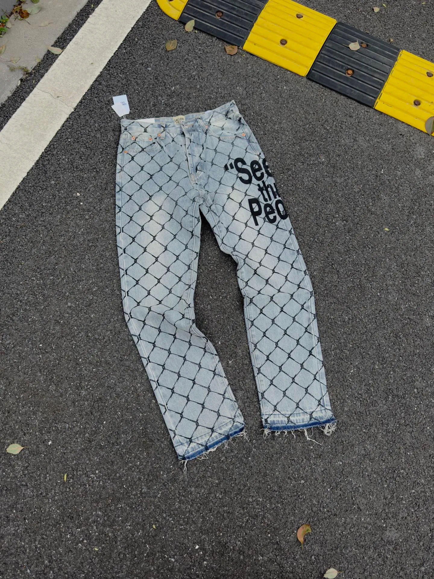 P240💰G786 GALLERY DEPT. Steel mesh letter printed slim jeans jeans casual group trendy American slim men's and women's trousers Color: blue Size: S-XXL (corresponding to 28-36)
